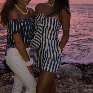 princess polly strapless white&blue striped romper